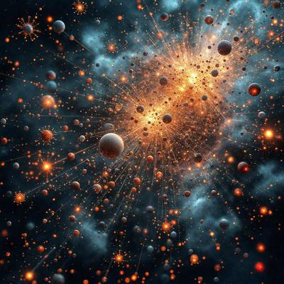 The primary subject of the image is a cluster of brightly colored balls, which are floating in a dark, starry background. The setting appears to be a space-themed environment, with the balls resembling planets or stars. The visual style of the image is a combination of photo and digital art, creating a vibrant and dynamic scene. The colors and mood of the image are predominantly dark and mysterious, with the brightly colored balls providing a contrasting and lively element.